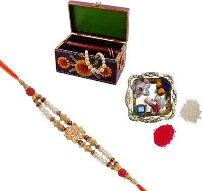 ECraftIndia Single Rakhi With Decorative Jewellery Box And Decorative Pooja Plate Design Designer Rakhi (Multicolor, 1 Designer Single Rakhi, 1 Decorative Pooja Plate, 1 Decorative Jewellery Box)