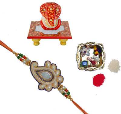 ECraftIndia Design Designer Rakhi (Multicolor, 1 Designer Pearl Single Rakhi, 1 Decorative Pooja Plate, 1 Lord Ganesha On Red Marble Chowki)