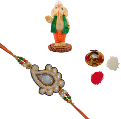 ECraftIndia Design Designer Rakhi Multicolor, 1 Designer Pearl Single Rakhi, 1 Roli Tikka Matki, 1 Neta Ganesha Statue