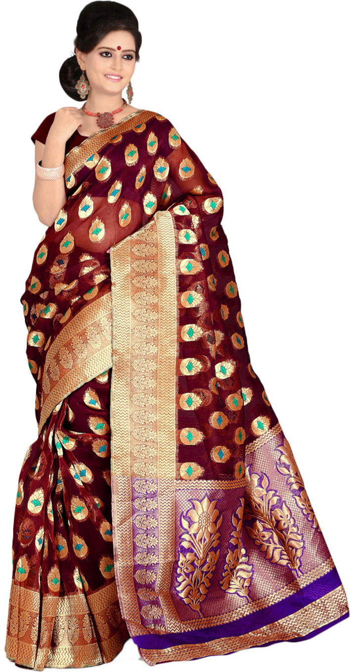 Saree Dress Self Design Banarasi Silk Sari Buy Maroon Saree Dress