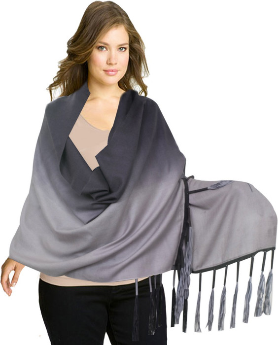 Super Drool Black And Grey Ombre Silk Pashmina With Fancy Leather Fringes Pashmina Solid Women's Shawl