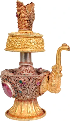 20% OFF on Exotic India Ritual Kettle and Water Sprinkler with Filigree and Repousse Work Showpiece - 19.05 cm