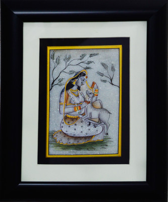 27% OFF on eCraftIndia Ragini Marble Painting playing with Calf (Wooden Framed) Showpiece - 27.94 cm