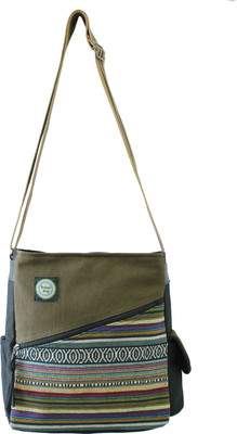18% OFF on Anekaant Women Casual Black, Khaki Canvas, Cotton, Genuine Leather Sling Bag