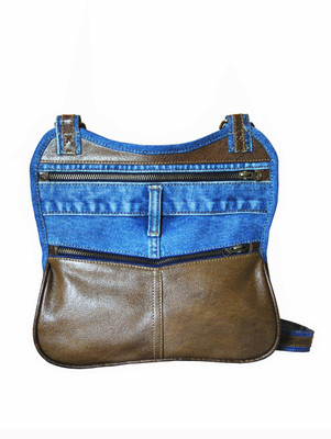 Hibiscus Women Casual Brown, Blue Genuine Leather, Denim Sling Bag Hibiscus Women Casual Brown, Blue Genuine Leather, Denim Sling Bag