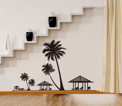 53% OFF on Asmi Collections PVC Decals Beach Black Palm Tree Hut Wall Sticker Pack of 1
