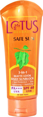20% OFF on Lotus Safe Sun 3 In 1 Matte Look Daily Sunblock - SPF 40 PA+++((50 g)) 20% OFF on Lotus Safe Sun 3 In 1 Matte Look Daily Sunblock - SPF 40 PA+++((50 g))