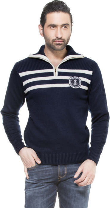 Zovi Navy Pullover With White And Applique Solid Turtle Neck Casual Men's Sweater