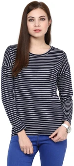 Hypernation Striped Women's Round Neck Blue, White T-Shirt