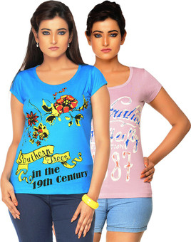 Jazzup Printed Women's Round Neck Blue, Pink T-Shirt Pack Of 2