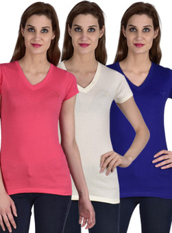 Youthen Solid Women's V-neck White, Blue, Pink T-Shirt Pack Of 3