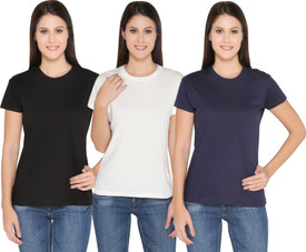 Ten On Ten Solid Women's Round Neck White, Black, Blue T-Shirt Pack Of 3