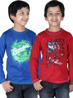 Childrens Club Printed Boy's Round Neck Light Blue, Red T-Shirt Pack Of 2