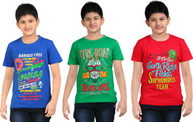 Dongli Printed Boy's Round Neck Multicolor, Green, Red T-Shirt Pack Of 3