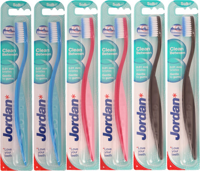 Jordan Clean Between Soft Toothbrush Pack of Six - 1 Blue, Red, Black Jordan Clean Between Soft Toothbrush Pack of Six - 1 Blue, Red, Black