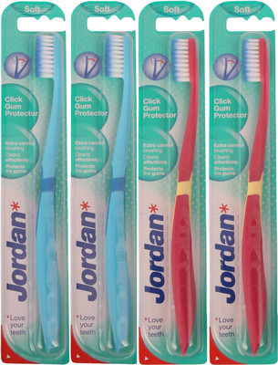Jordan Click Gum Protector Soft Toothbrush Pack of Four - 7 Light Blue, Red Jordan Click Gum Protector Soft Toothbrush Pack of Four - 7 Light Blue, Red