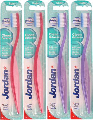 Jordan Clean Between Soft Toothbrush Pack of Four - 6 Red, Purple Jordan Clean Between Soft Toothbrush Pack of Four - 6 Red, Purple