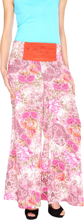 Fashion205 Pink And White Printed Cotton Satin Palazzo Regular Fit Women's Trousers