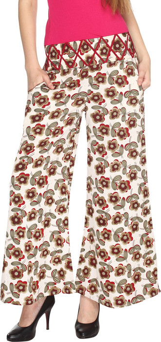 Fashion205 Casual White And Maroon Printed American Crepe Palazzo Regular Fit Women's Trousers