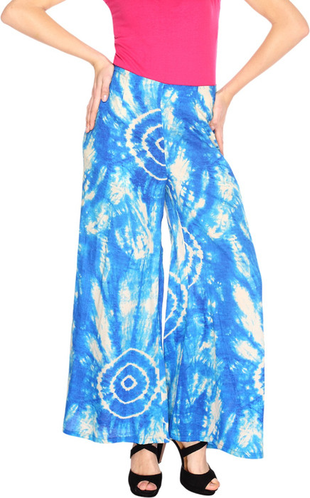 Fashion205 Blue And White Printed Cotton Satin Palazzo Regular Fit Women's Trousers