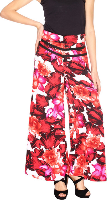 Fashion205 Red And Black European Crepe Palazzo Regular Fit Women's Trousers
