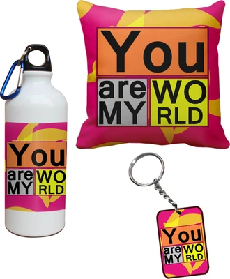 55% OFF on Tiedribbons You are My World Cushion Cover Spper and Keychains Special Valentine Gift Set