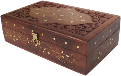 27% OFF on Pindia Wooden Fancy Design Brass Work Home Decor Wedding Multiuse Storage Jewellery Vanity Case Brown, Gold