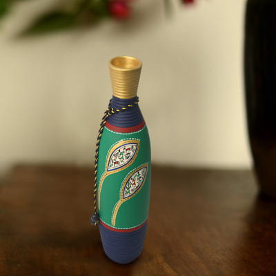 45% OFF on ExclusiveLane Peacock Green Handpainted Warli Round Terracotta Vase