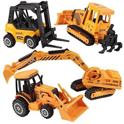 Happy Cherry Metal Diecast Construction Vehicle Excavator Backhoe Tractor Pack Of 4 Yellow (Multicolor)